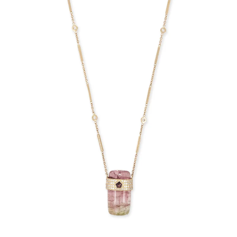 women's wedding necklace -PAVE PINK SAPPHIRE CENTER CAP + WATERMELON TOURMALINE CRYSTAL NECKLACE