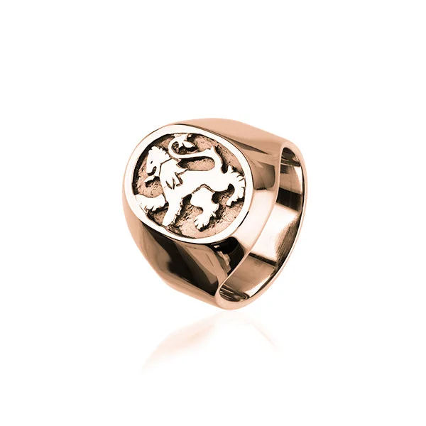 women's engagement ring with black gold band -Lion Rampant 9ct Rose Gold Signet Ring RR79