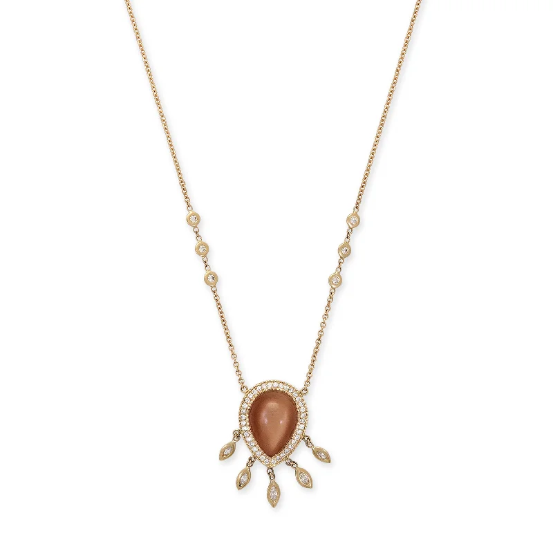 women's twisted chain necklace -PAVE PEACH MOONSTONE TEARDROP + MARQUISE DIAMOND SHAKER NECKLACE