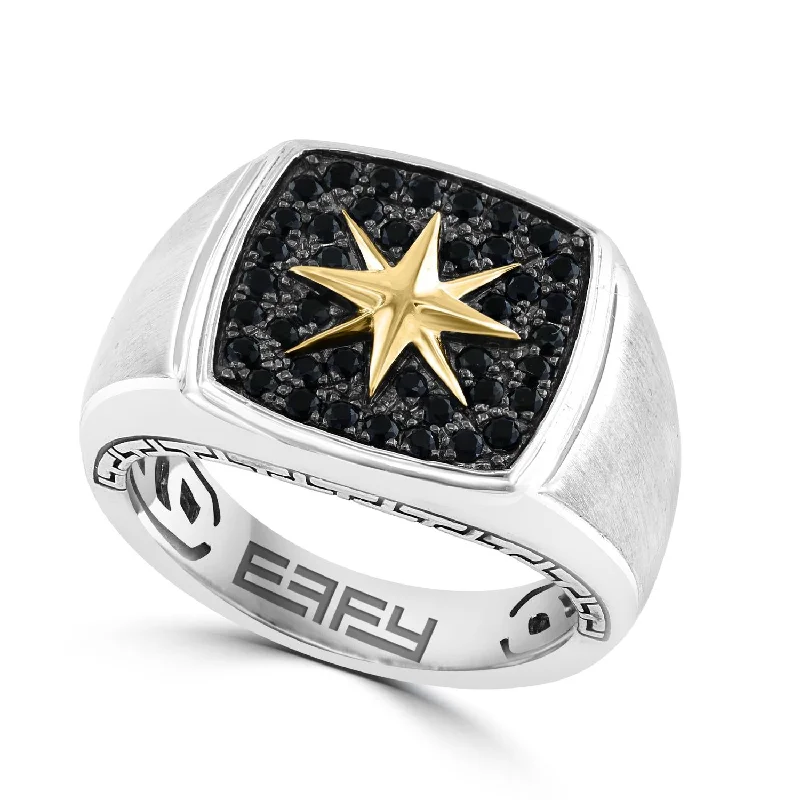 women's engagement ring with bezel set diamond -EFFY Round Black Sapphire Star Signet Ring in Sterling Silver