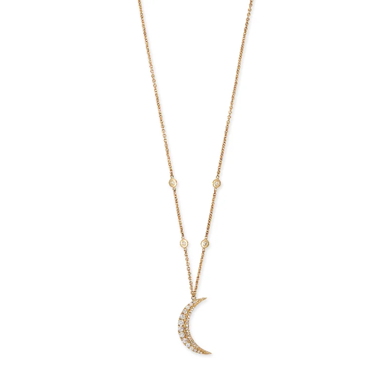 women's gold pendant necklace -SMALL GRADUATED DIAMOND SLIVER CRESCENT MOON NECKLACE