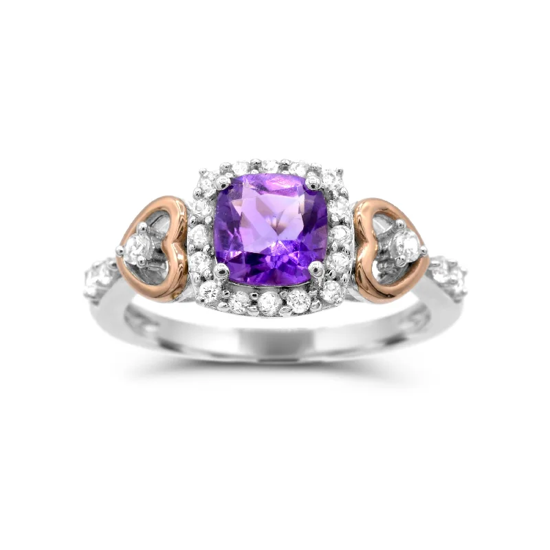 women's engagement ring with cushion cut -6MM Cushion Amethyst and White Sapphire Heart Eternal Romance Ring in Sterling Silver