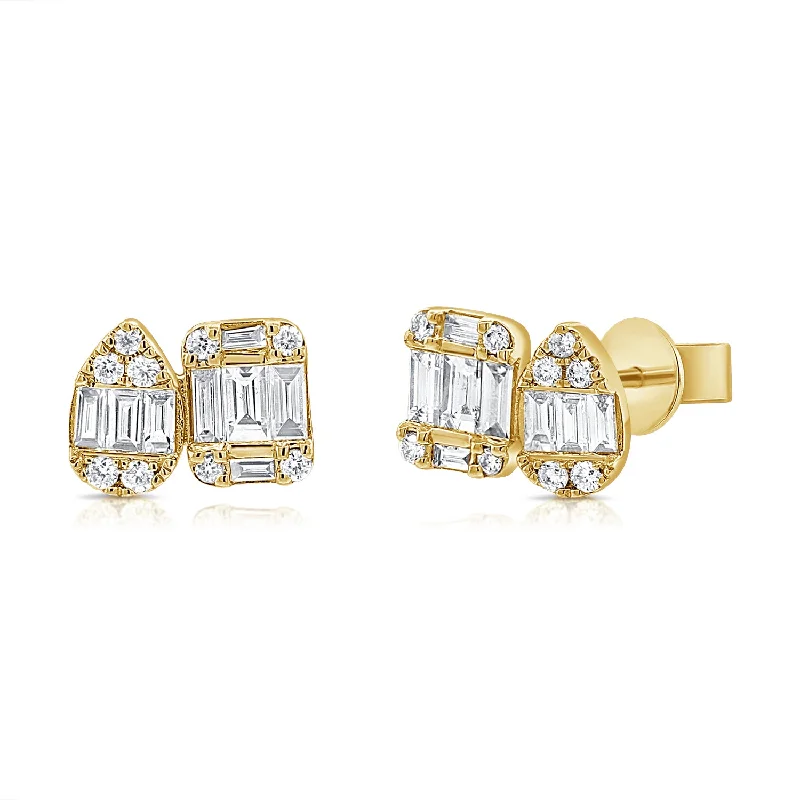 women's unique earrings -OKGs Collection 14K Baguettes & Round Fashion Stud