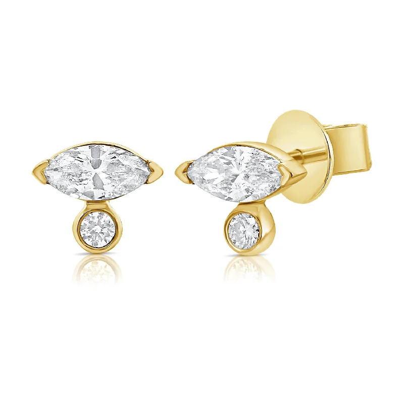 women's handmade earrings -Baguette & Round Fancy Cut Diamond Studs set in 14kt Gold