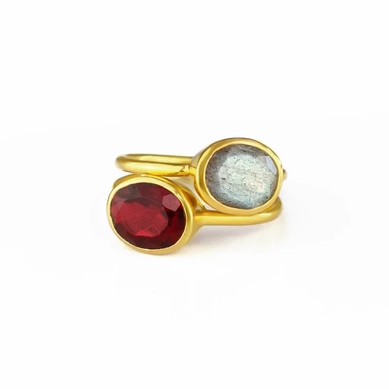 women's engagement ring with oval diamond -Set of Two Oval Rings : Garnet and Labradorite