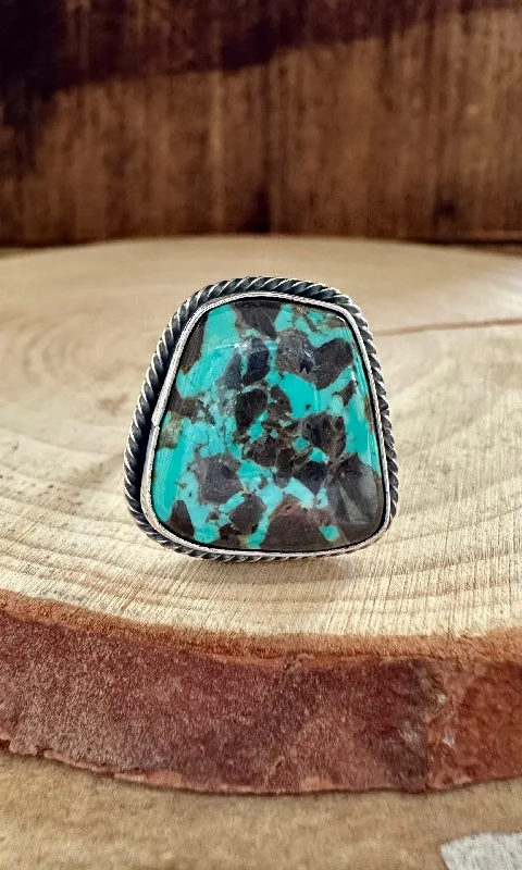 women's engagement ring with round halo -SQUARE DANCE TURQUOISE Sterling Silver Ring • Size 8