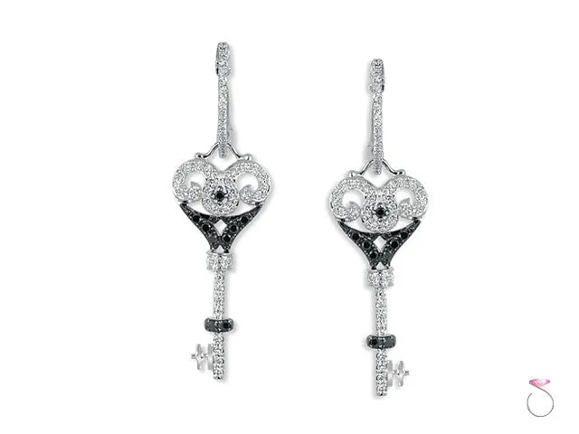 women's diamond stud earrings -Black White Diamond Dangle Key Earrings .56ct in 18K Gold