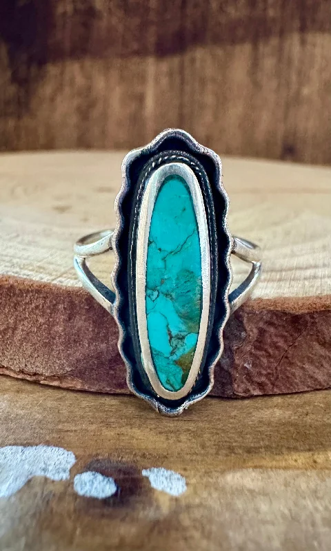 women's engagement ring with low setting -LONG FRAMED VINTAGE Turquoise Ring • Size 9