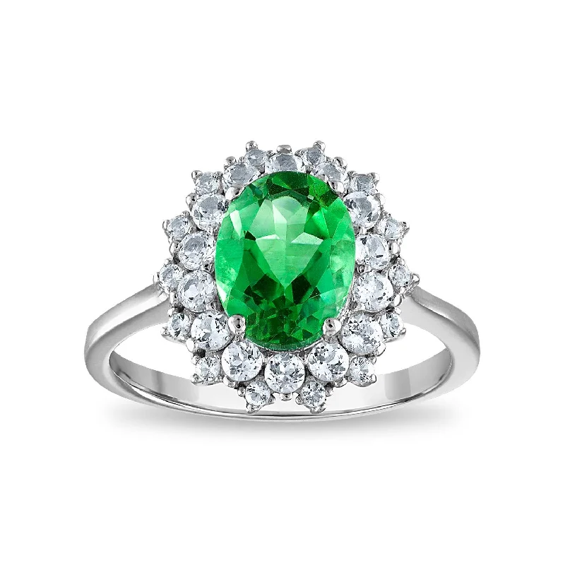 women's engagement ring with custom stone choice -9X7MM Simulated Emerald and White Sapphire Ring in Sterling Silver