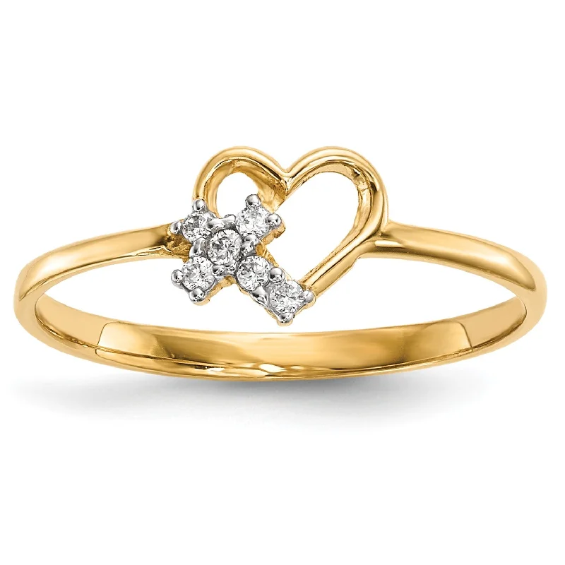 women's engagement ring diamond -14KT Yellow Gold Cubic Zirconia Heart Cross Ring; Size 7