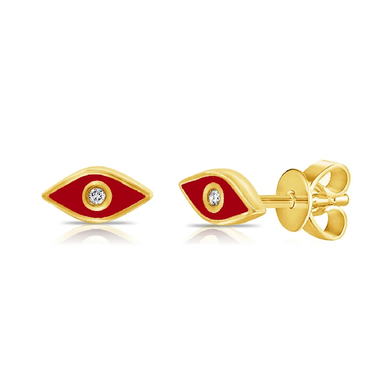 women's silver earrings -Red Evil Eye & Hamsa Diamond Stud