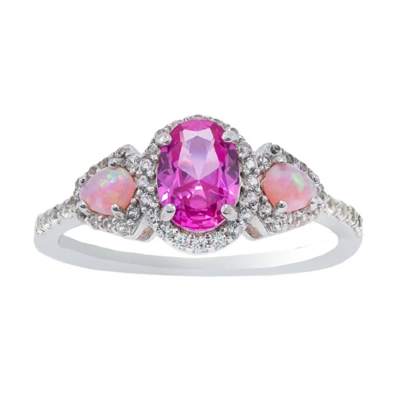 women's engagement ring with black diamond -7X5MM Oval Pink Sapphire and Opal Three Stone Ring in Sterling Silver