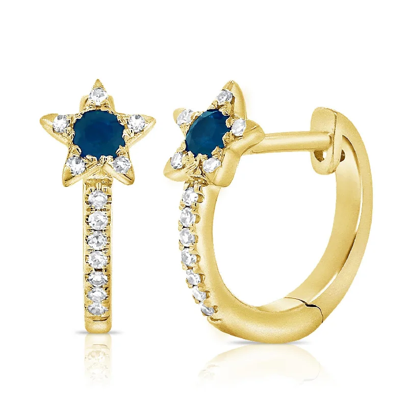 women's gemstone stud earrings -Sapphire & Diamond Star Huggie Earrings