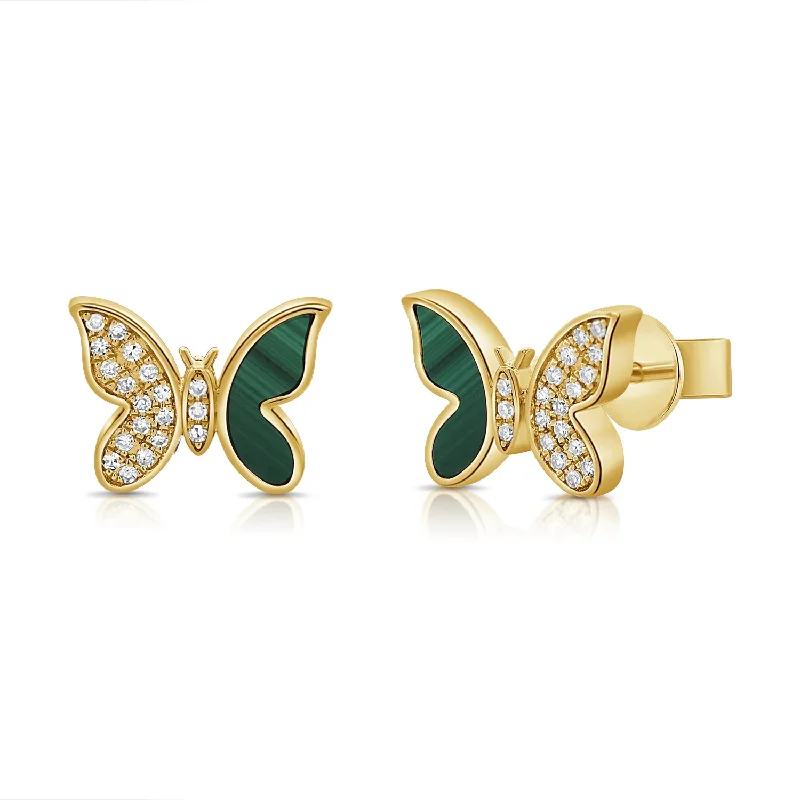 women's custom gemstone earrings -Enchanting Butterfly Stud Earrings in 14K Gold with Malachite and Diamonds