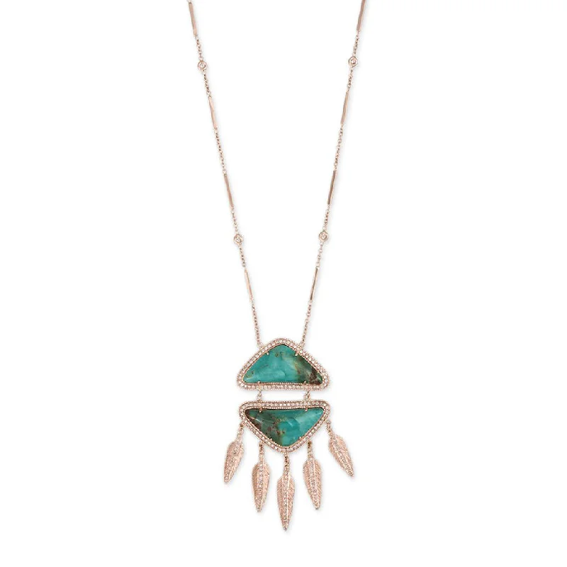 women's friendship necklace -TURQUOISE PAVE DIAMOND FEATHER DREAMCATCHER NECKLACE