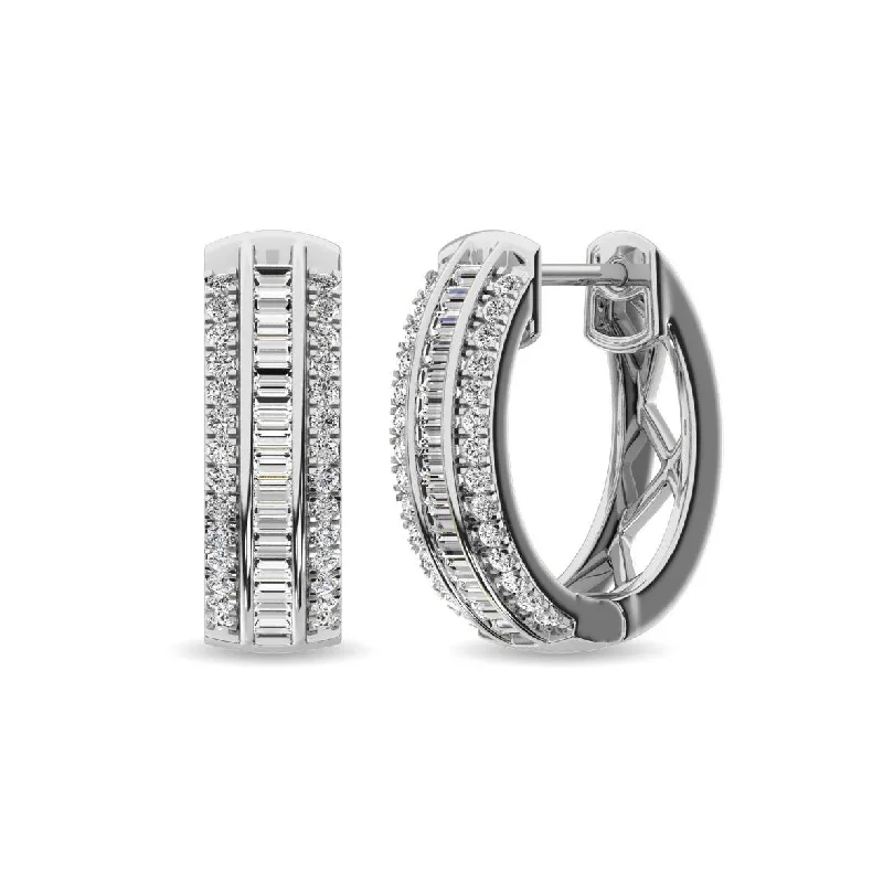 women's pearl stud earrings -Diamond 1/3 Ct.Tw. Round and Baguette Hoop Earrings in 10K White Gold