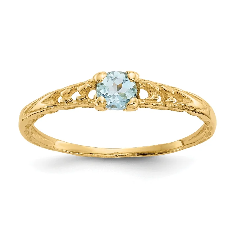 women's engagement ring with contemporary design -14KT Yellow Gold 3MM Round Aquamarine Birthstone Baby Ring; Size 3