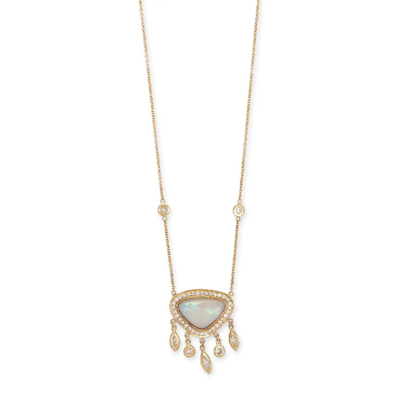 women's Figaro chain necklace -SMALL PAVE WHITE OPAL TRILLION + MARQUISE AND ROUND DIAMOND SHAKER NECKLACE