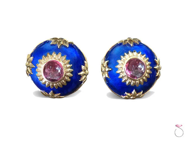 women's infinity earrings -Estate 4ct Pink Tourmaline Enamel Dome Earrings in 14K