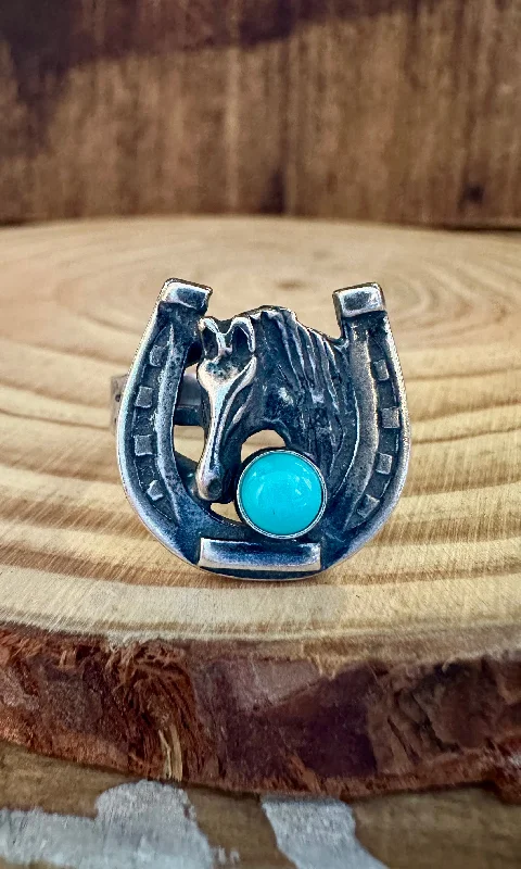 women's engagement ring with bold design -TURQUOISE HORSESHOE ROUNDUP Sterling Silver Ring • Multiple Sizes