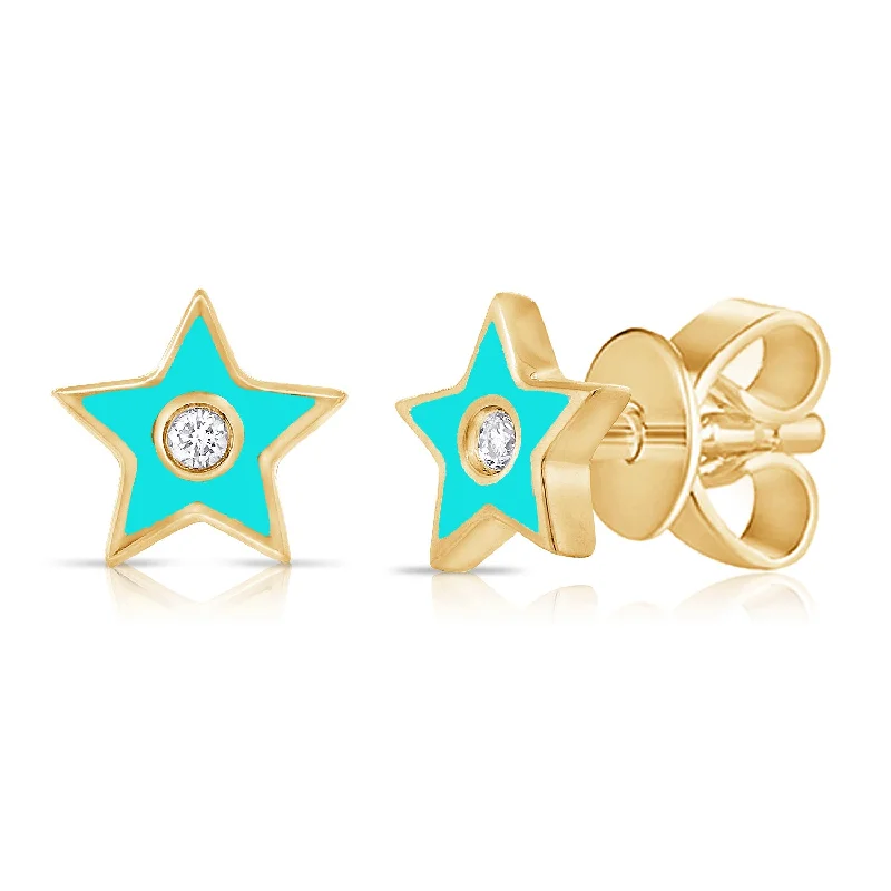 women's oval stud earrings -Turquoise Enamel Diamond Star Stud Earrings in 14K Gold