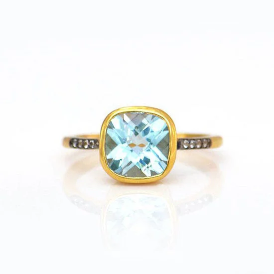 women's engagement ring with bold design -Blue Topaz Pave Cushion Bezel Set Stacking Ring: December Birthstone