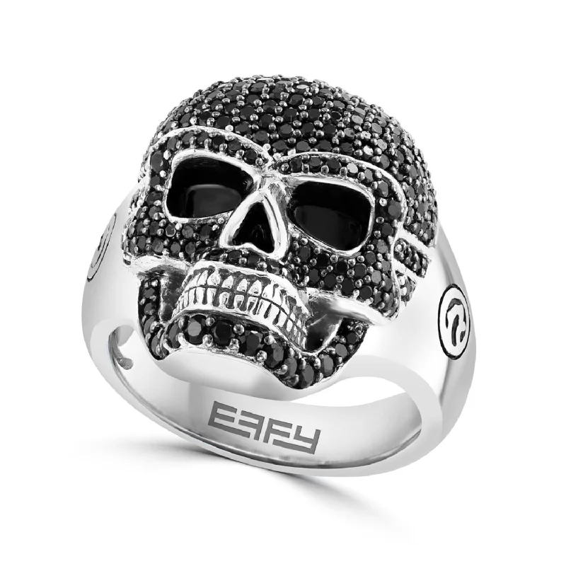 women's engagement ring with diamond solitaire -EFFY Round Black Spinel Fashion Skull Ring in Rhodium Plated Sterling Silver