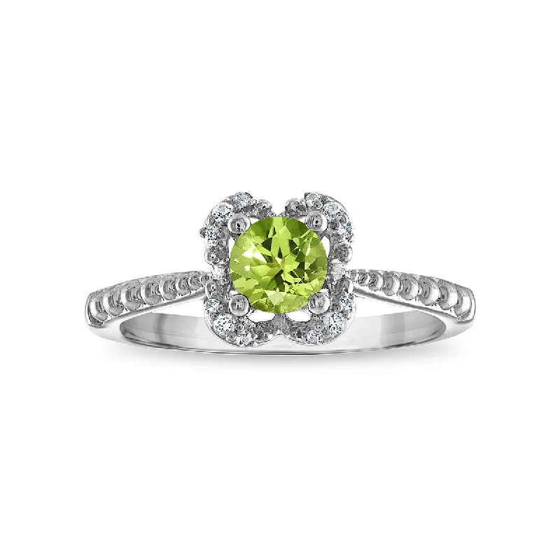 women's engagement ring with delicate band -5MM Round Peridot and White Sapphire Birthstone Flower Halo Ring in Sterling Silver