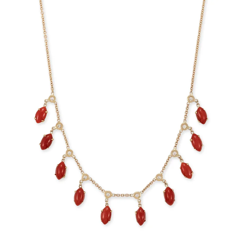 women's two-tone necklace -MARQUISE CORAL + DIAMOND SHAKER NECKLACE