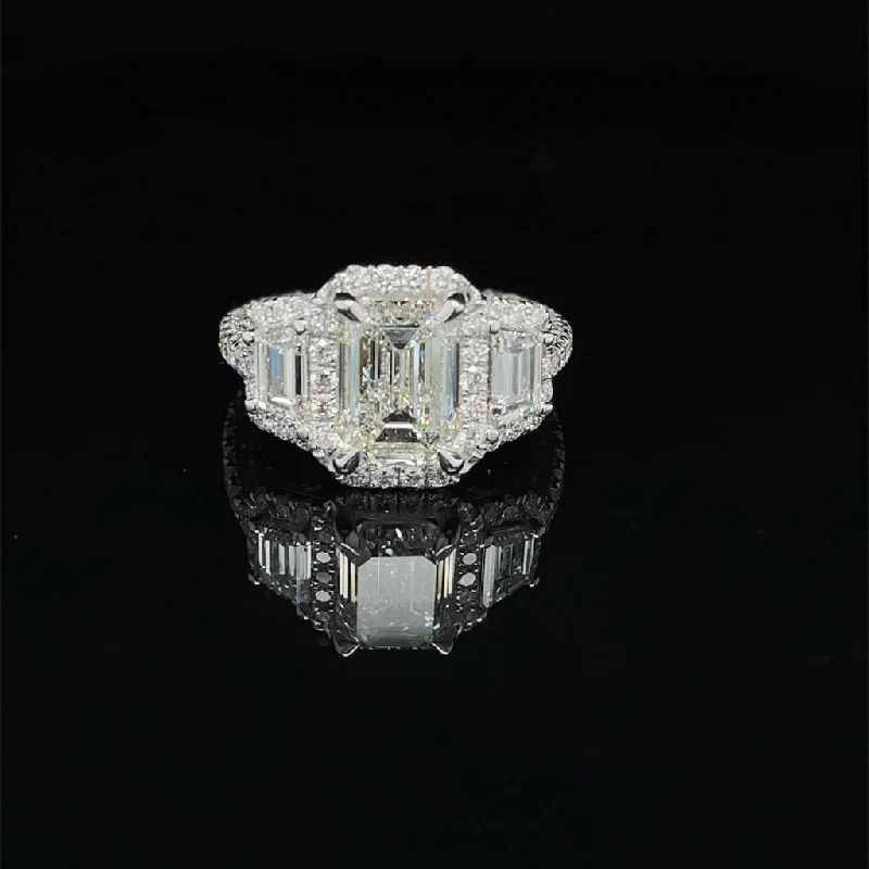 women's engagement ring with bezel set diamond -Custom Designed Emerald Cut Halo Ring