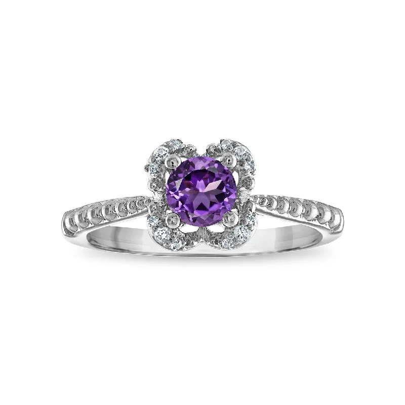 women's engagement ring with emerald -5MM Round Amethyst and White Sapphire Birthstone Flower Halo Ring in Sterling Silver