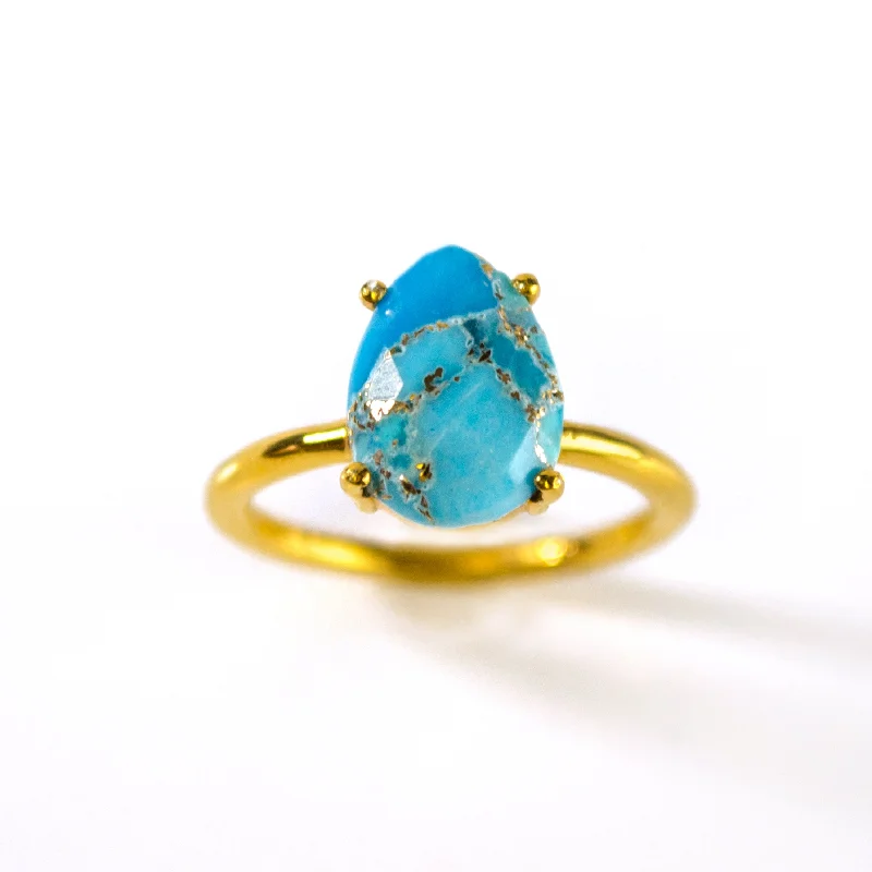 women's engagement ring with floral design -Copper Turquoise Teardrop Prong Set Ring • December Birthstone