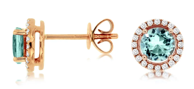 women's hammered gold earrings -Aquamarine & Diamond Halo Stud Earrings in 14kt Rose Gold