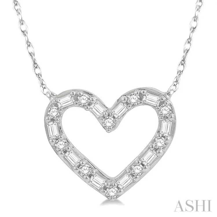 women's leather necklace -1/4 Ctw Heart Charm Baguette and Round Cut Diamond Necklace in 14K White Gold