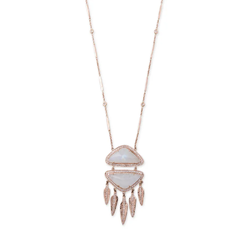 women's birthstone pendant necklace -MOONSTONE PAVE DIAMOND DOUBLE TRIANGLE FEATHER SHAKER NECKLACE