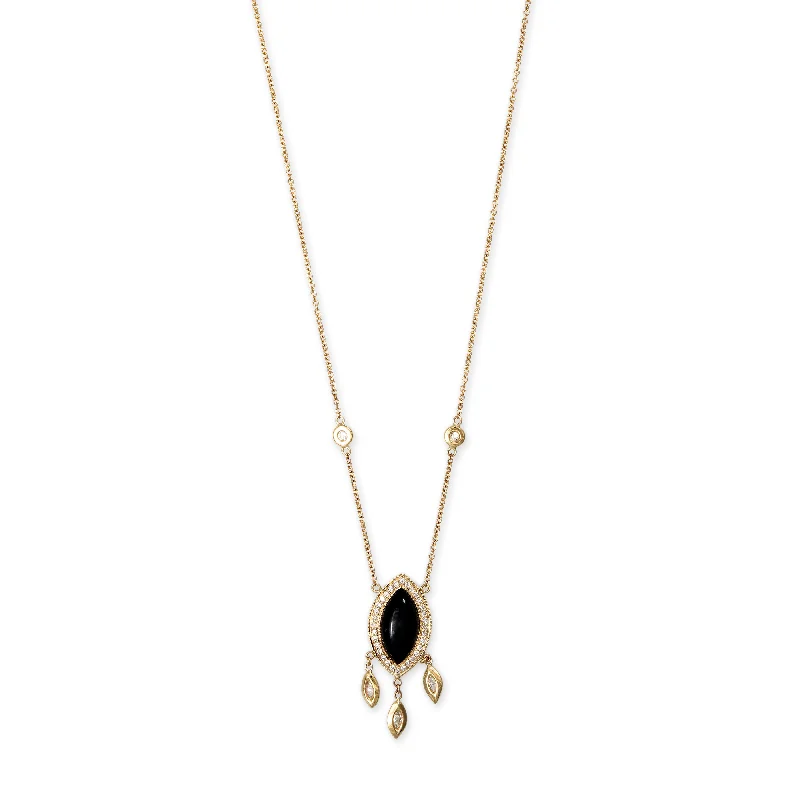 women's birthstone pendant necklace -PAVE SMALL ONYX MARQUISE + MARQUISE DIAMOND SHAKER NECKLACE