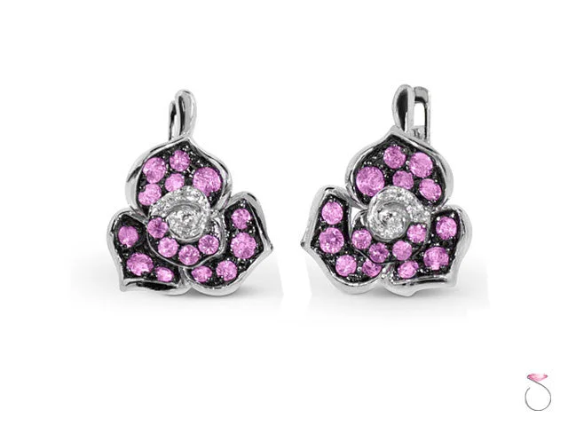 women's square earrings -Pink Sapphire and Diamond Flower Earrings