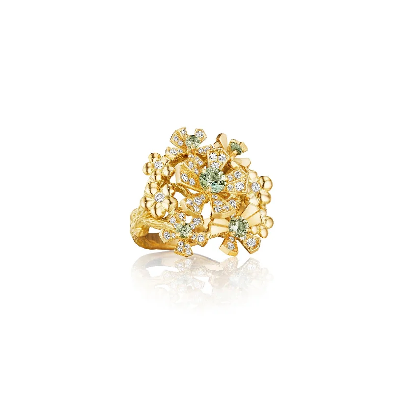 women's engagement ring with asymmetrical style -Wonderland Orchid Cluster Green Sapphire Ring