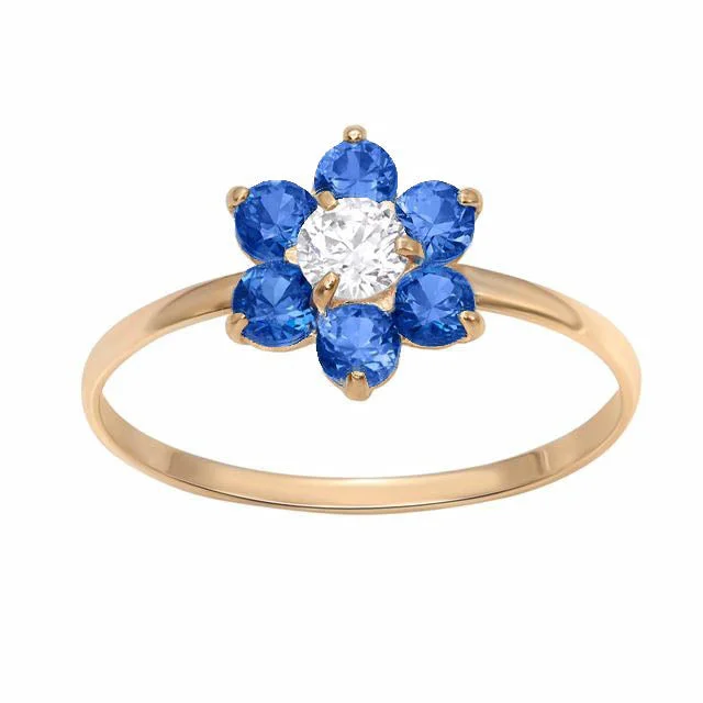 women's engagement ring with twist band design -10KT Yellow Gold Blue Sapphire Childrens Birthstone Flower Ring; Size 3