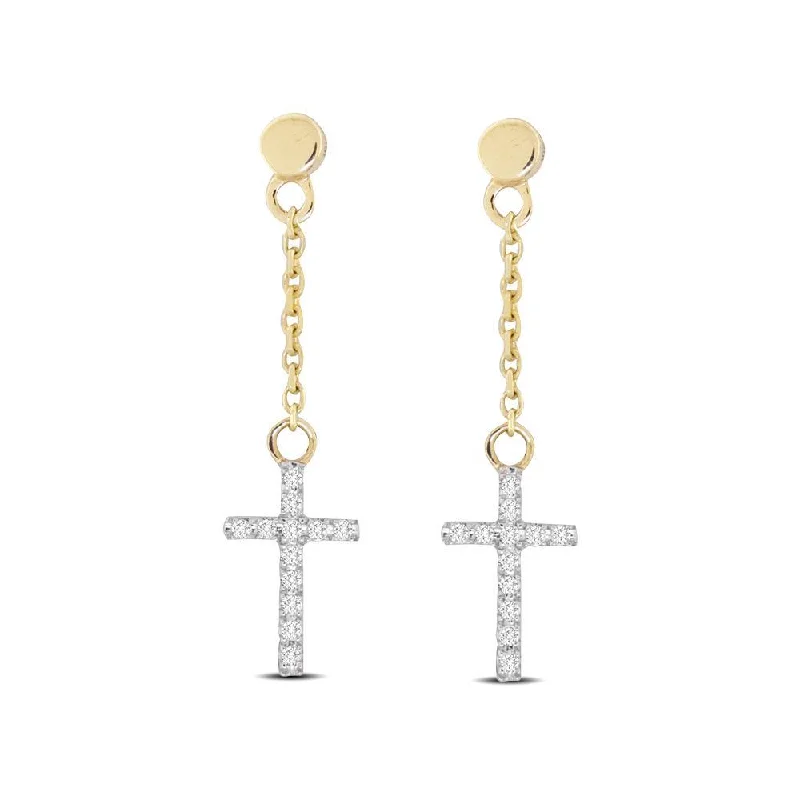 women's luxury earrings -10K Yellow Gold 1/20 Ct.Tw.Diamond Cross Dangler Earrings