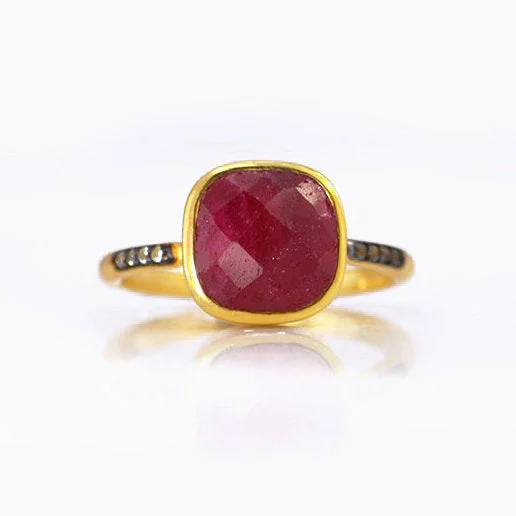 women's engagement ring with organic style -Ruby Pave Cushion Bezel Set Stacking Ring: July Birthstone