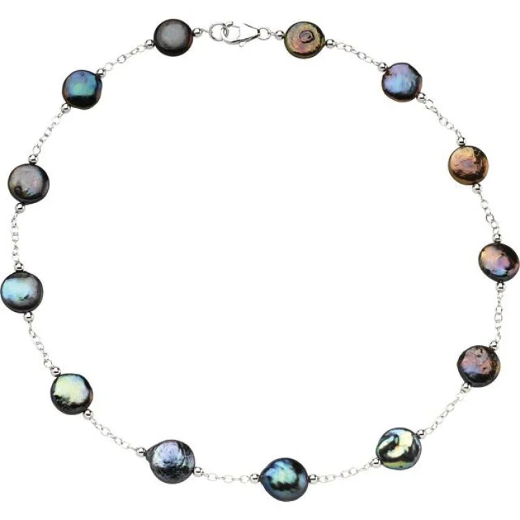 women's charm bracelet necklace -Sterling Silver 12-13 mm Cultured Black Freshwater Pearl Coin 18" Necklace