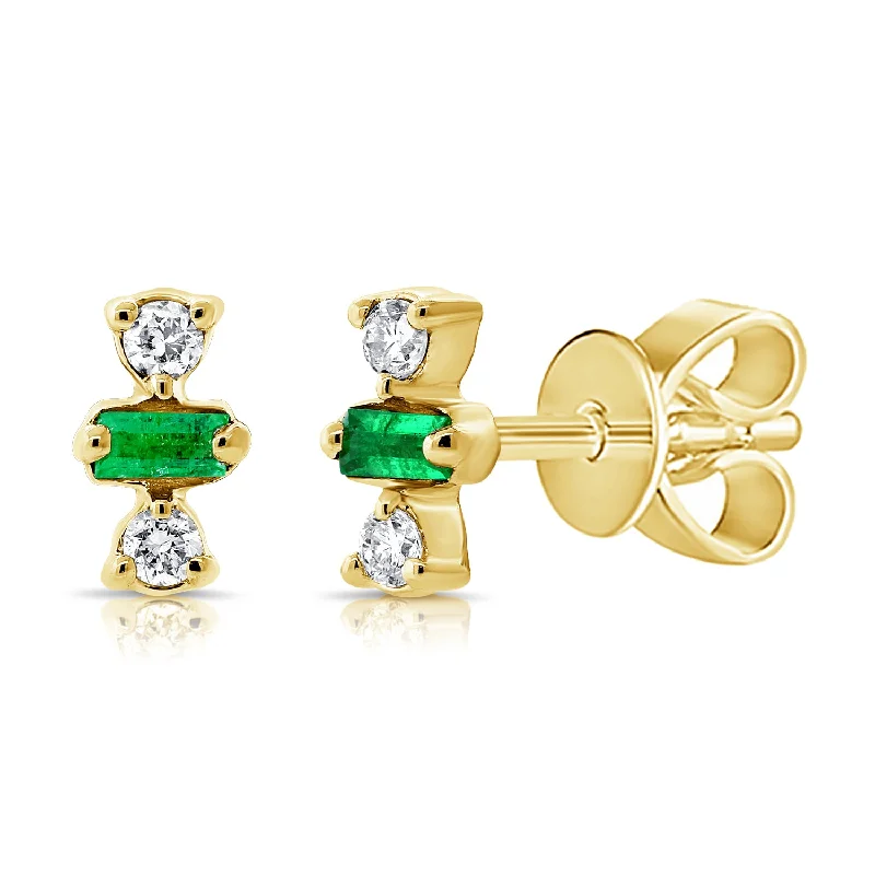 women's crystal stud earrings -OKG Collection Baguette Cut Emerald & Diamond Studs made in 14Kt Gold