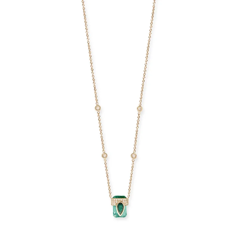 women's zodiac necklace -PAVE GREEN TOURMALINE TEARDROP CAP + GREEN TOURMALINE BAGUETTE NECKLACE