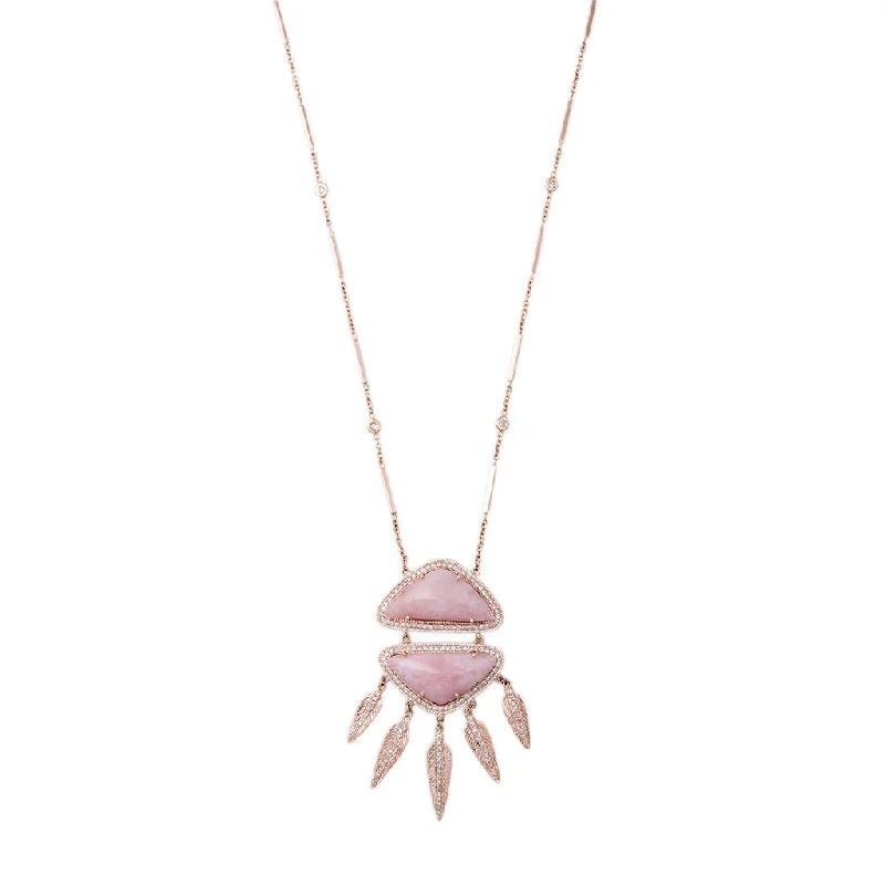 women's floral pendant necklace -PAVE DOUBLE TRIANGLE PINK OPAL FEATHER SHAKER NECKLACE