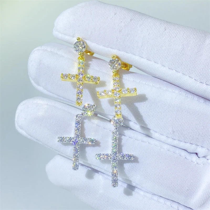 women's chandelier earrings -Moissanite Diamond T Cross Sterling Silver Earrings in Yellow/White Gold