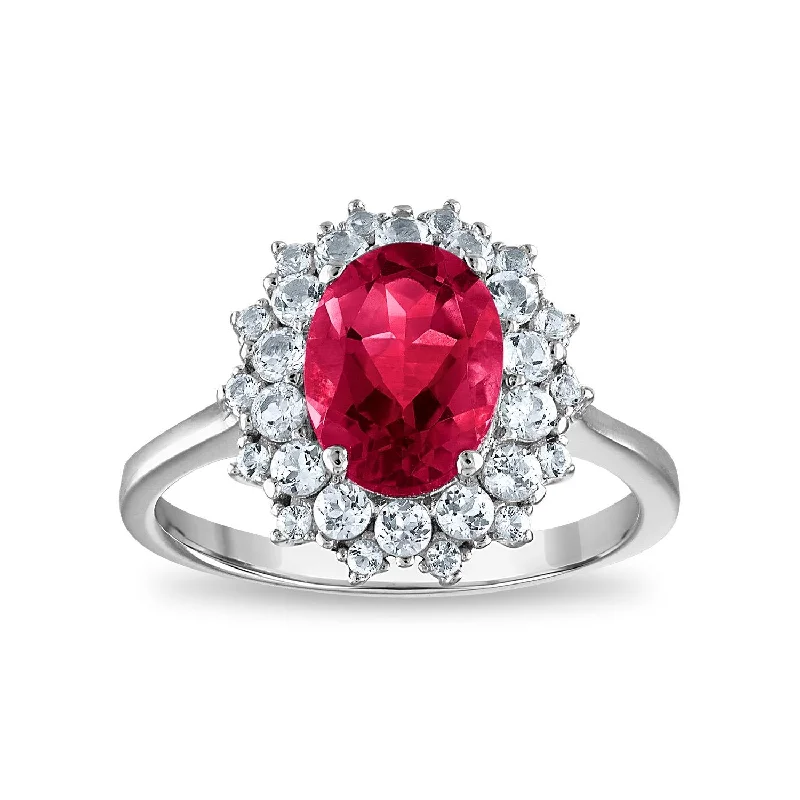 women's engagement ring with two-tone finish -9X7MM Oval Ruby and White Sapphire Halo Ring in Sterling Silver