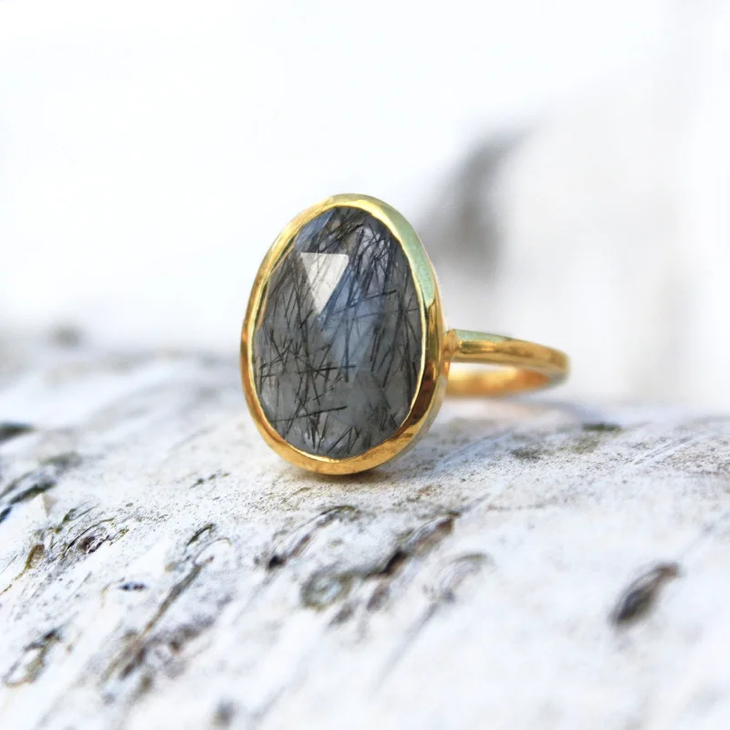 women's engagement ring with antique-inspired design -Rutilated Quartz Large Teardrop Oval Ring