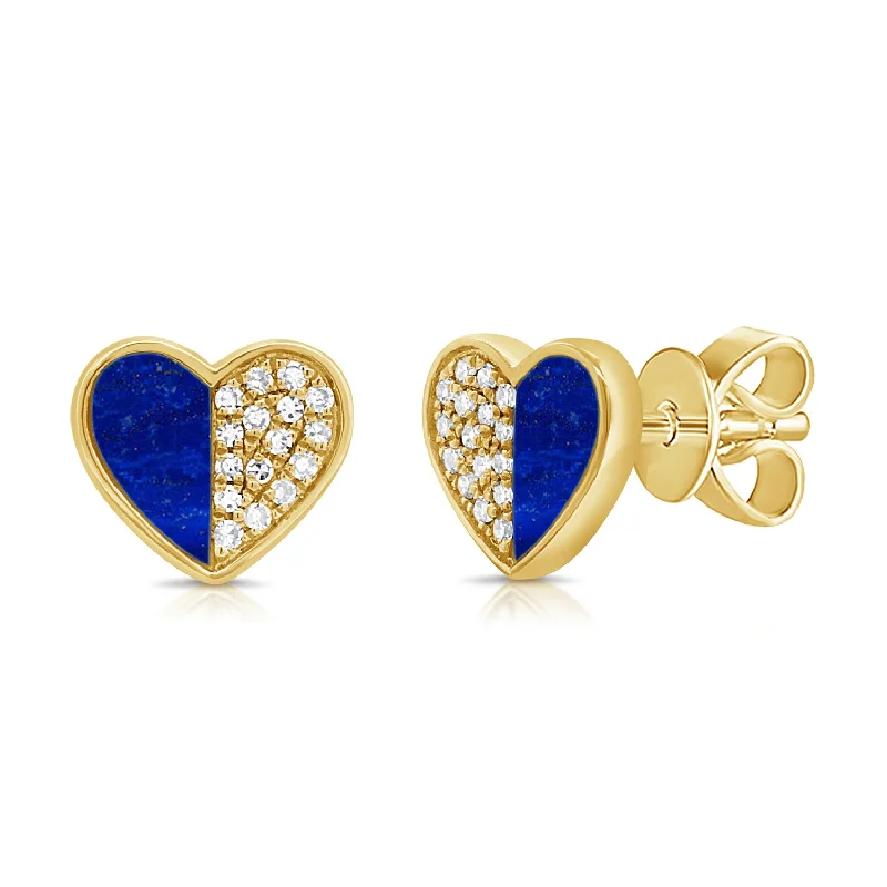 women's heart earrings -Lapis & Diamond Hearts & Love Stud Earrings