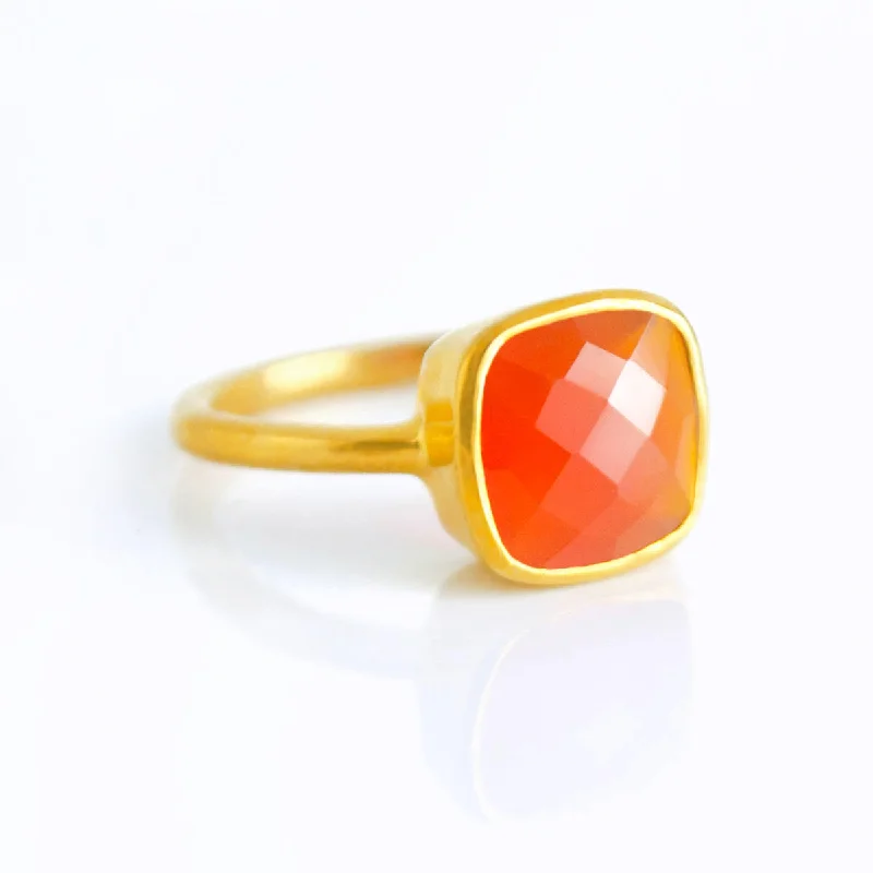 women's engagement ring with minimalistic design -Carnelian Square Cushion Bezel Set Stacking Ring Sterling Silver